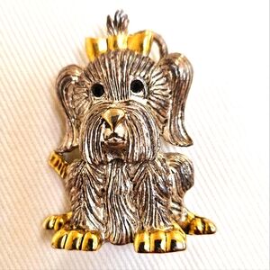 Yorkshire Terrier Bow Silver & Gold Tone Pin Brooch Pendant Yorkie Puppy…